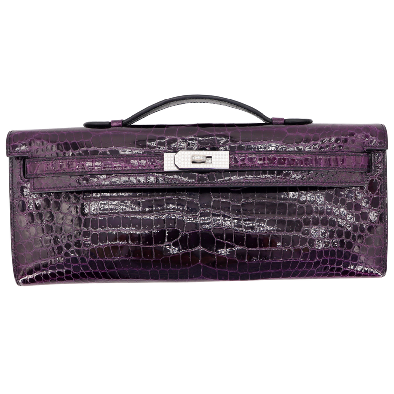 Hermès Kelly Cut Amethyst Shiny Porosus Crocodile Diamond Hardware