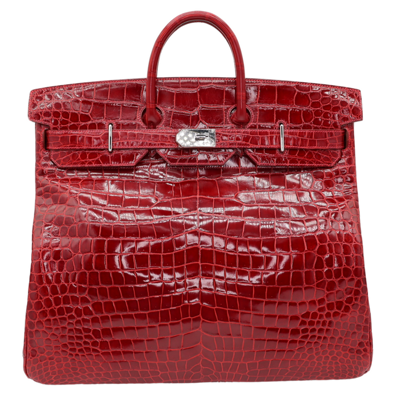 Hermès 50cm HAC Braise Shiny Porosus Crocodile Palladium Hardware