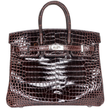 Hermès 25cm Birkin Havane Shiny Porosus Crocodile Palladium Hardware