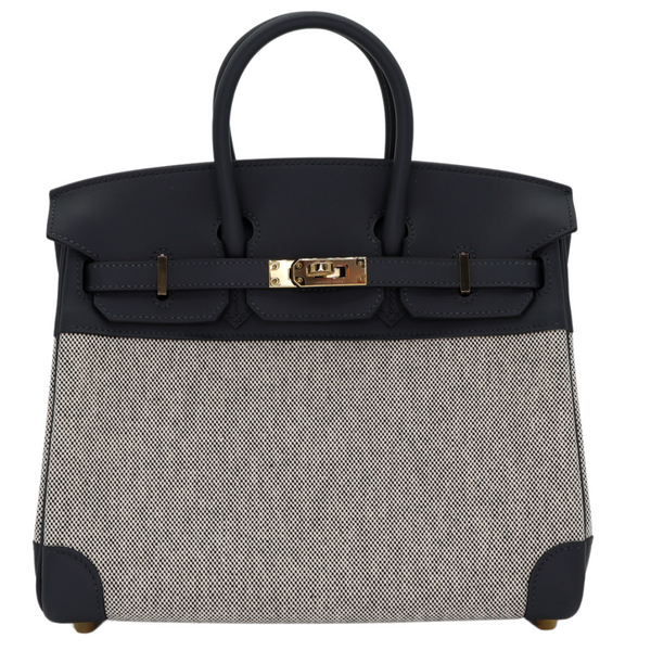 Hermès 25cm Birkin Gris Misty Toile/Swift Leather Permabrass Hardware