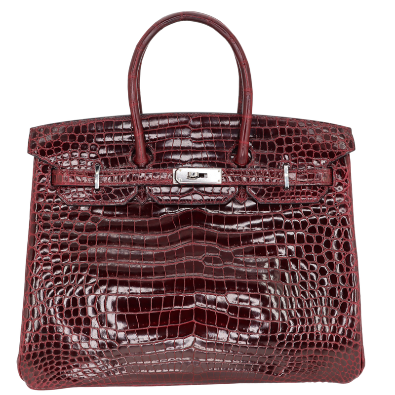 Hermès 35cm Birkin Bordeaux Shiny Porosus Crocodile Palladium Hardware