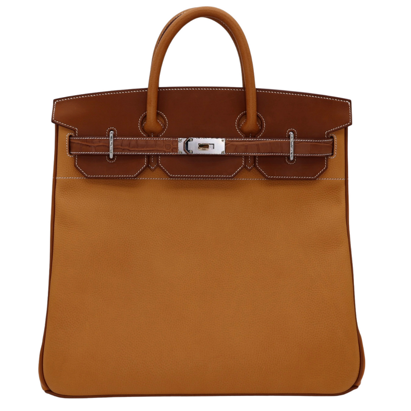 Hermès 40cm HAC Patchwork Barenia/Vache/Butler/ Natural Sable/Alligator Electrum Hardware