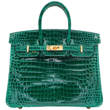 Hermès 25cm Birkin Emerald Shiny Porosus Crocodile Gold Hardware