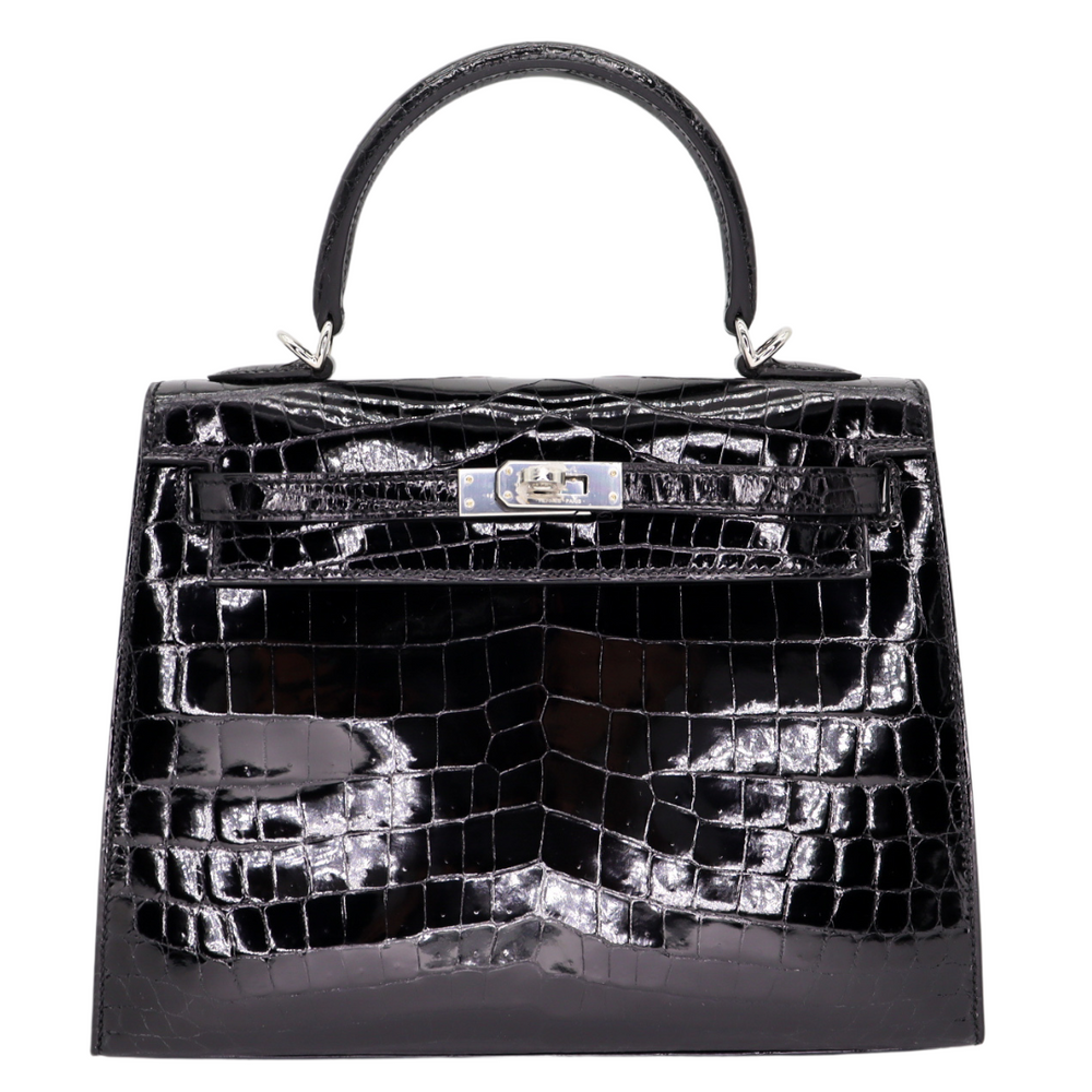 Hermès 25cm Kelly Sellier Black Shiny Niloticus Crocodile