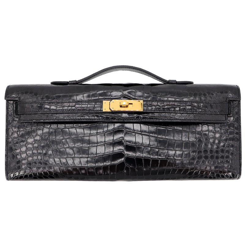 Hermès Kelly Cut Black Shiny Porosus Crocodile Gold Hardware
