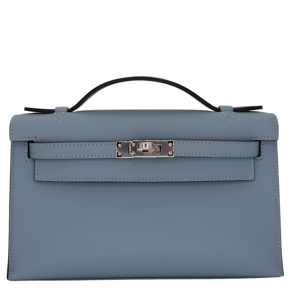 HERMES ブルーグレー ポーチ　美品 Hermès Kelly Pochette Bleu Lin Swift Leather Palladium Hardware