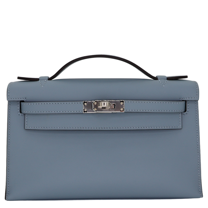 Hermès Kelly Pochette Bleu Lin Swift Leather Palladium Hardware