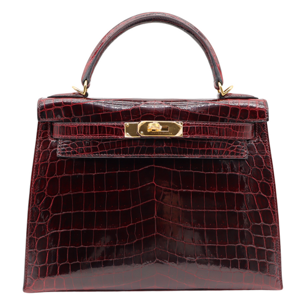 Hermès 28cm Kelly Sellier Bordeaux Shiny Niloticus Gold Hardware