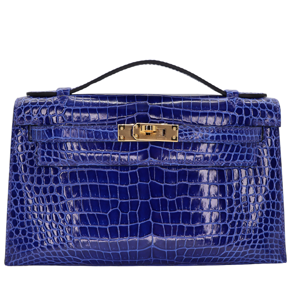 Hermès Kelly Pochette Bleu Electrique Shiny Porosus Crocodile Gold