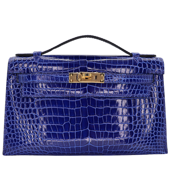 Hermès Kelly Pochette Bleu Electrique Shiny Porosus Crocodile Gold