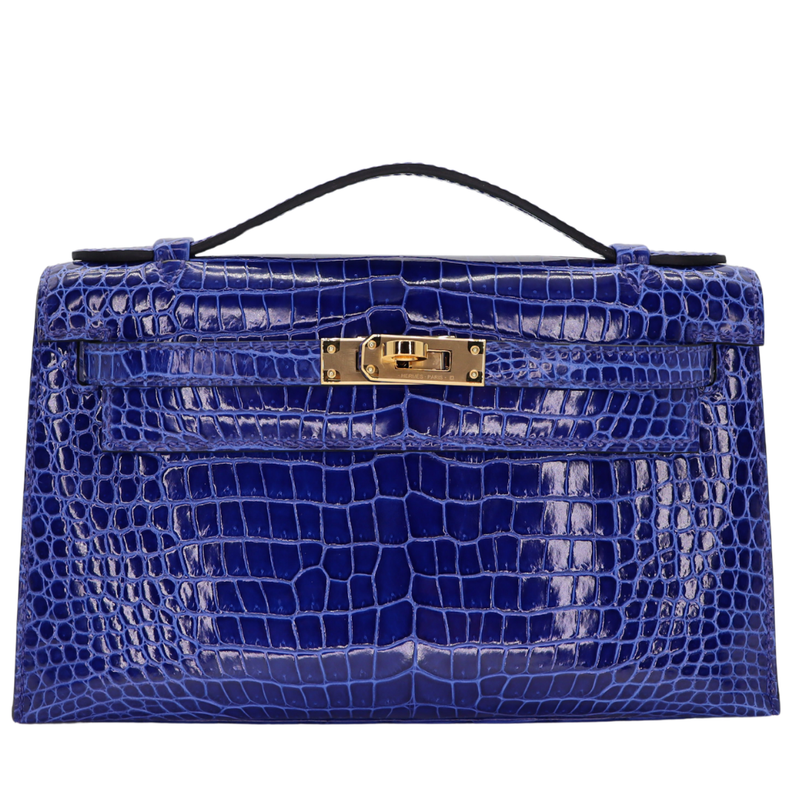 Hermès Kelly Pochette Bleu Electrique Shiny Porosus Crocodile Gold Hardware