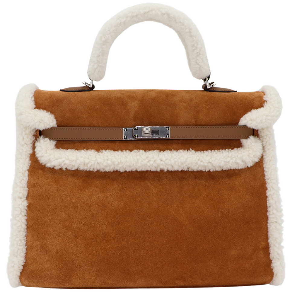 Hermès 35cm Kelly Teddy Shearling Chamois/Ecru/Alezan Suede
