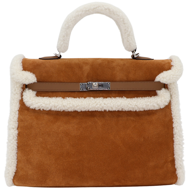 Hermès 35cm Kelly Grizzly Teddy Chamois/Ecru/Alezan Suede Leather Palladium Hardware