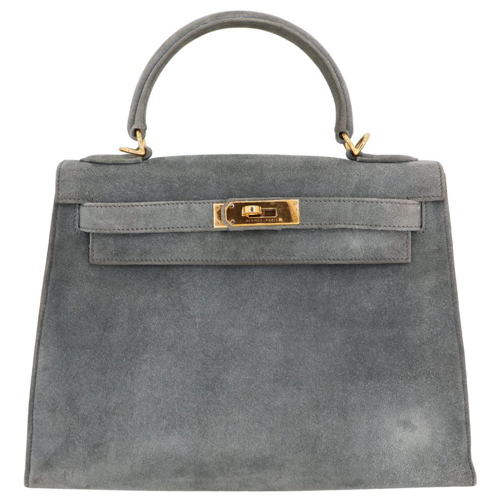 Hermès 28cm Kelly Sellier Doblis Gris Suede Leather Gold Hardware