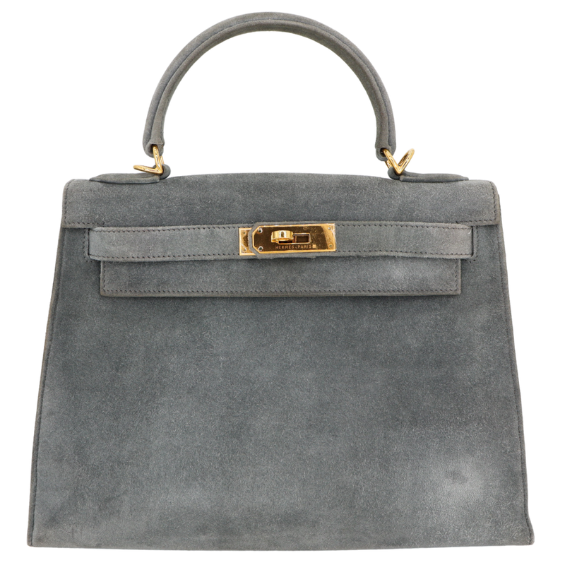 Hermès 28cm Kelly Sellier Doblis Gris Suede Leather Gold Hardware