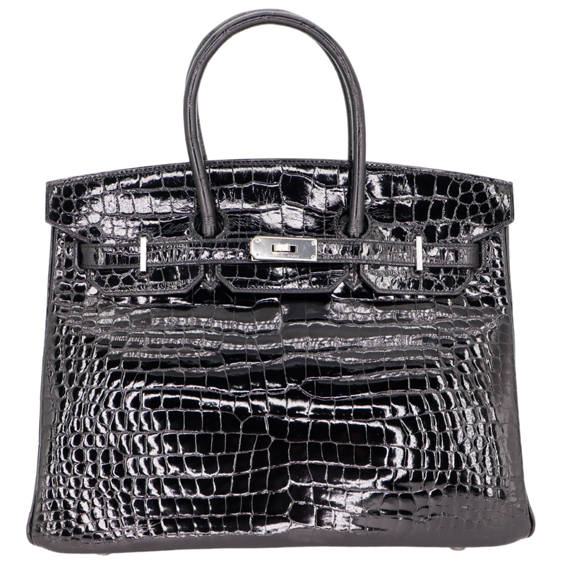 Hermès 35cm Birkin Black Shiny Porosus Crocodile Palladium Hardware
