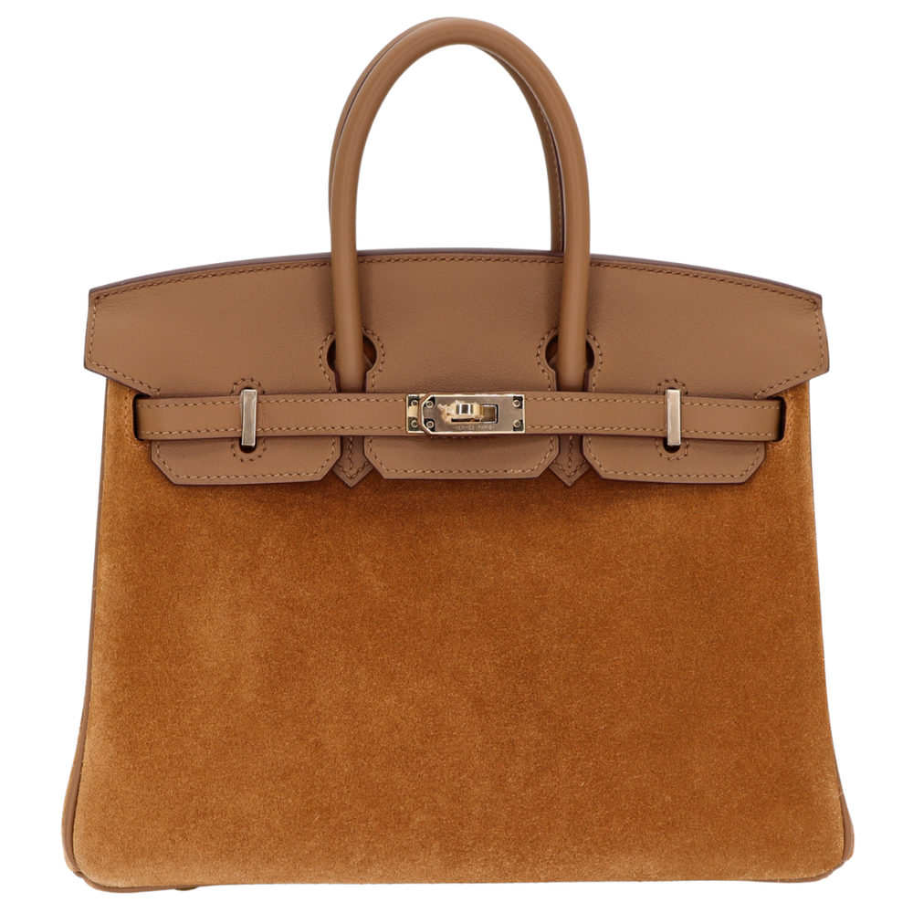 Hermès 25m Birkin Grizzly Gold/Alezan Suede/Swift Leather Gold