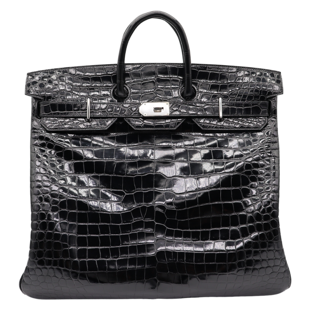 Hermès 50cm HAC Black Shiny Porosus Crocodile Palladium Hardware Hermès 50cm HAC Black Shiny Porosus Crocodile Palladium Hardware