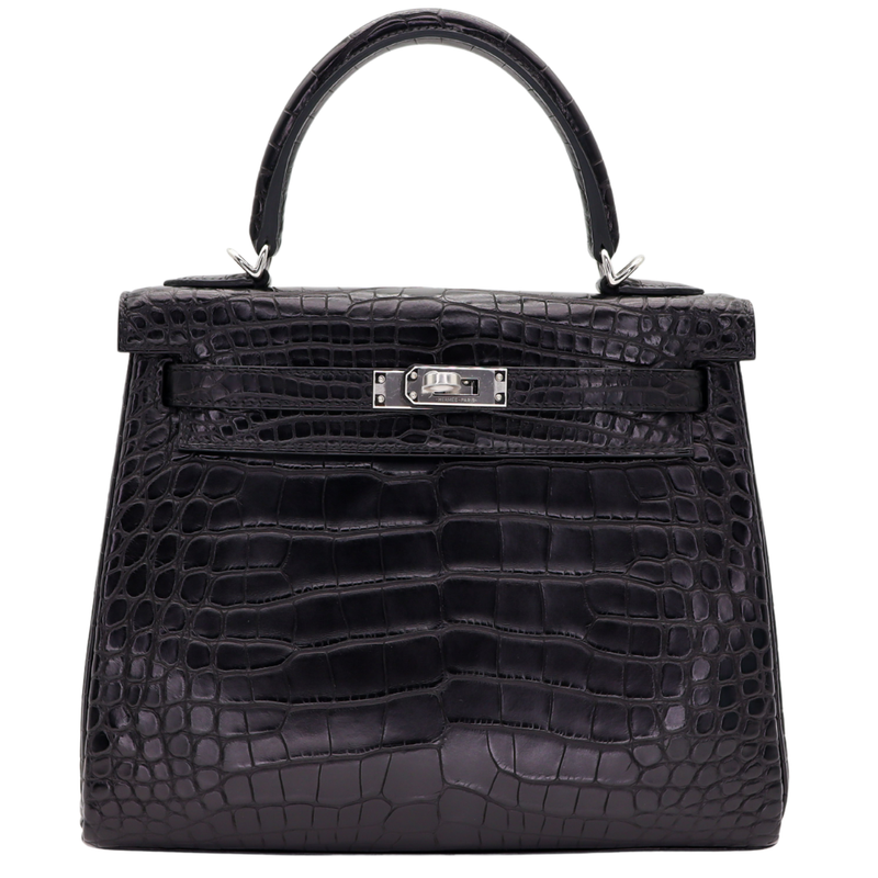 Hermès 25cm Kelly Retourne Black Matte Alligator Palladium Hardware