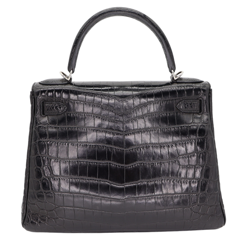 Hermès 28cm Kelly Retourne Black Matte Niloticus Crocodile Palladium Hardware