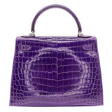 Hermès 28cm Kelly Sellier Ultraviolet Shiny Niloticus Crocodile Palladium Hardware