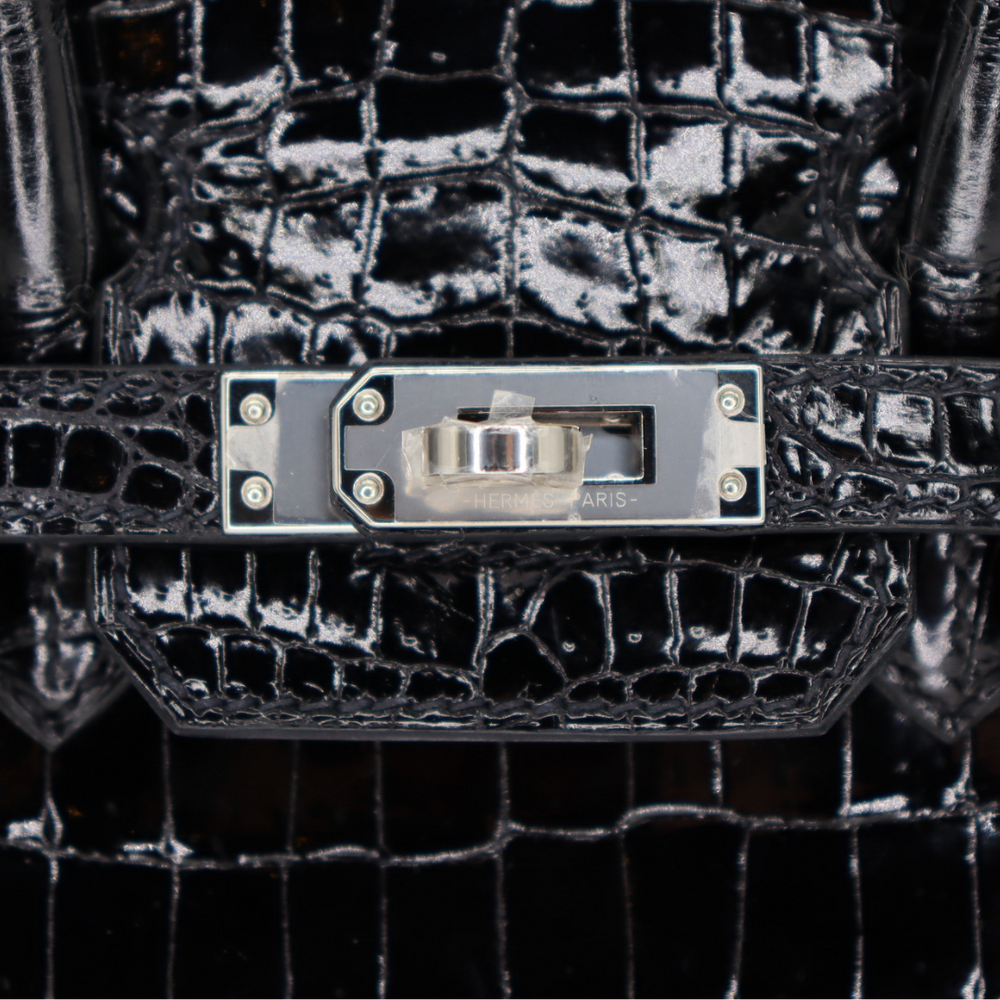 Hermès 25cm Birkin Black Shiny Porosus Crocodile Gold Hardware