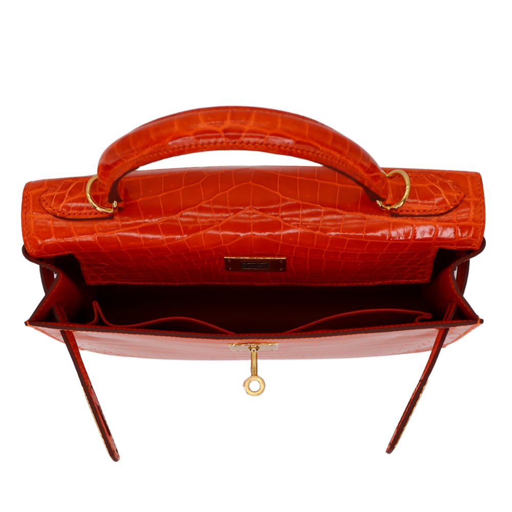 Hermès 28cm Kelly Sellier Orange Shiny Niloticus Crocodile Gold