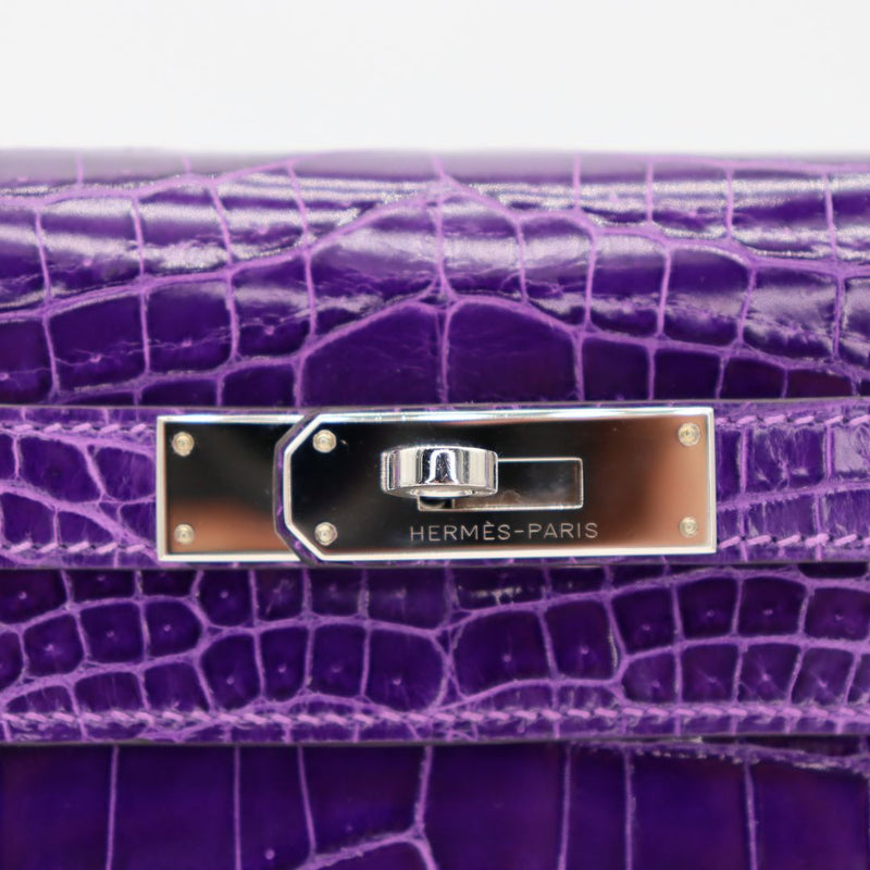 Hermès 28cm Kelly Sellier Ultraviolet Shiny Niloticus Crocodile Palladium Hardware