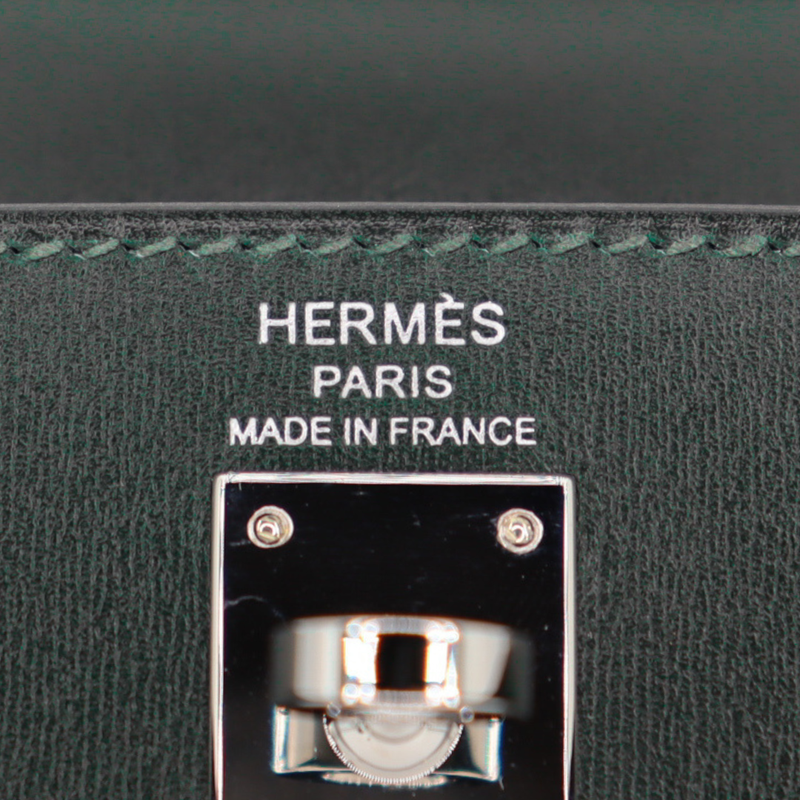 Hermès 25cm Kelly Sellier Vert Fonce Box Calf Leather Palladium