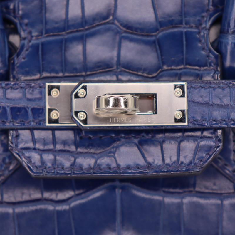 Hermès 25cm Birkin Sellier Indigo Aizome Matte Porosus Crocodile Palladium Hardware