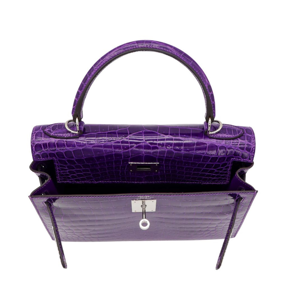 Hermès 28cm Kelly Sellier Ultraviolet Shiny Niloticus Crocodile