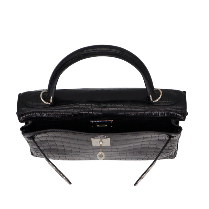 Hermès 28cm Kelly Retourne Black Matte Niloticus Crocodile Palladium Hardware