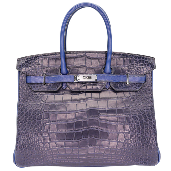 Hermès 35cm Birkin Tri-Leather Bleu Indigo Matte Alligator/Box Calf/Clemence Leather Palladium Hardware
