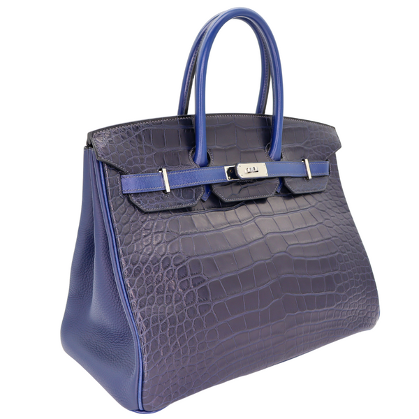 Hermès 35cm Birkin Tri-Leather Bleu Indigo Matte Alligator/Box Calf/Clemence Leather Palladium Hardware