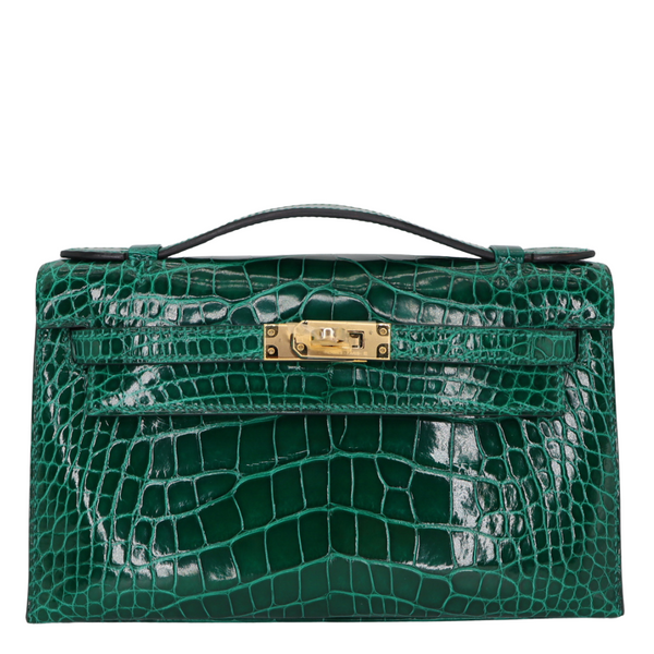 Hermès Kelly Pochette Emerald Shiny Alligator Gold Hardware