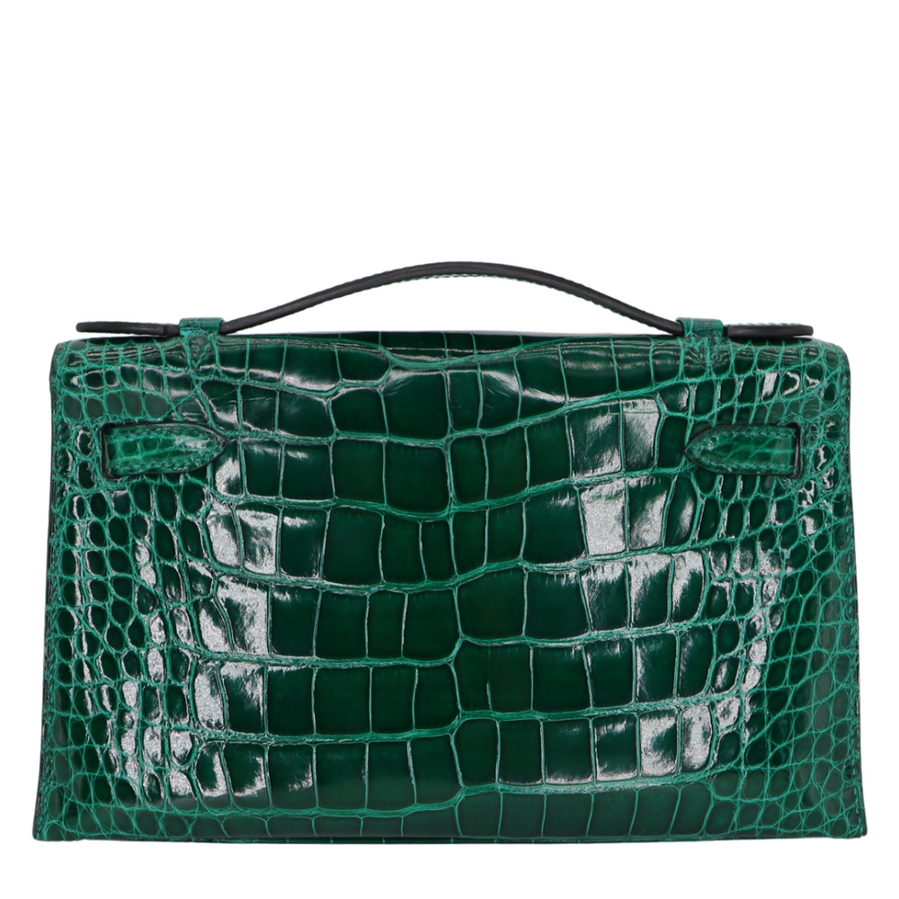 HERMES ダークグリーン ケース Hermès Kelly Pochette Emerald Shiny Alligator Gold Hardware