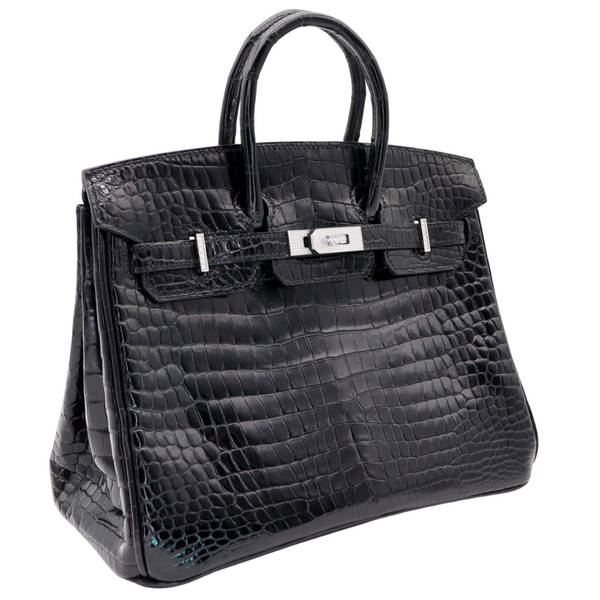 Hermès 25cm Birkin Black Shiny Porosus Crocodile Diamond Hardware