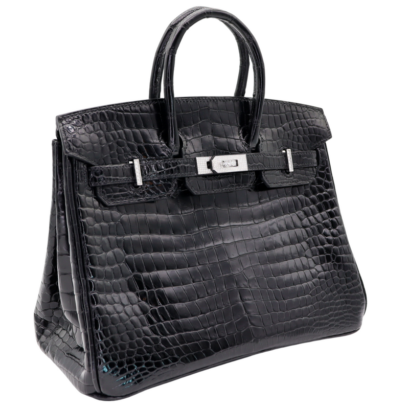 Hermès 25cm Birkin Black Shiny Porosus Crocodile Diamond Hardware