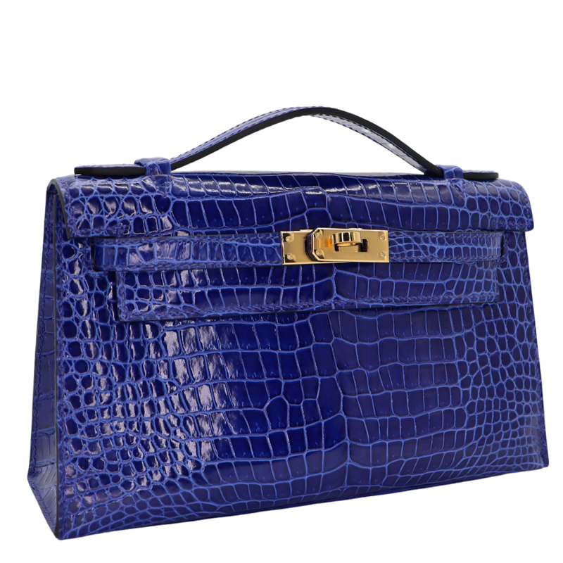 Hermès Kelly Pochette Bleu Electrique Shiny Porosus Crocodile Gold Hardware