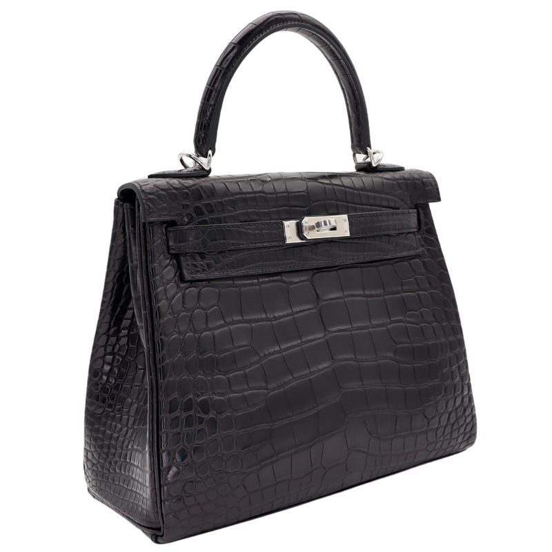 Hermès 25cm Kelly Retourne Black Matte Alligator Palladium Hardware
