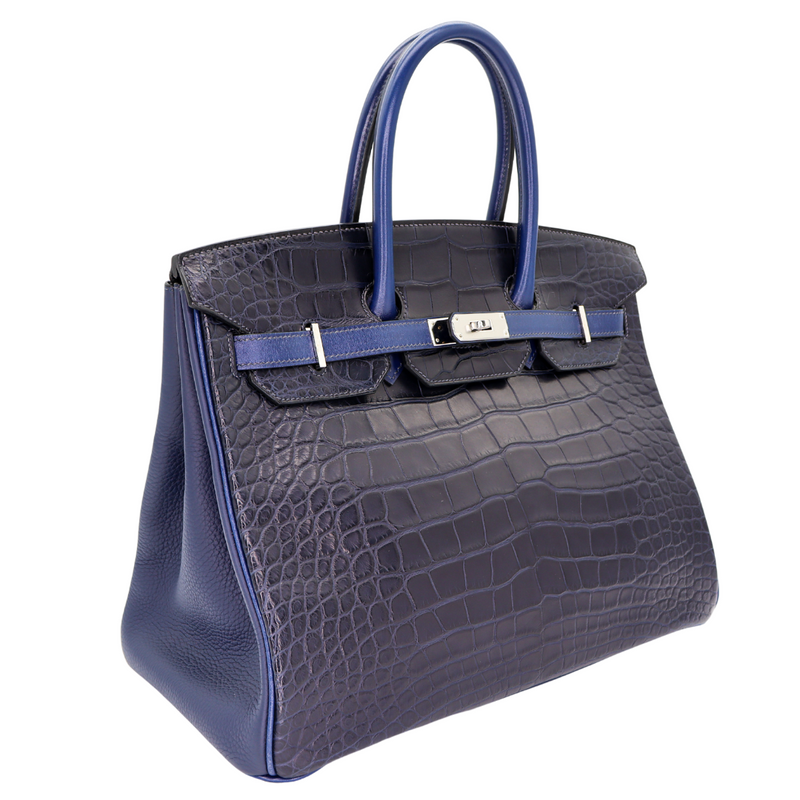 Hermès 35cm Birkin Tri-Leather Bleu Indigo Matte Alligator/Box Calf/Clemence Leather Palladium Hardware