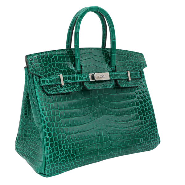 Hermès 25cm Birkin Vert Emeraude Shiny Porosus Crocodile Palladium Hardware