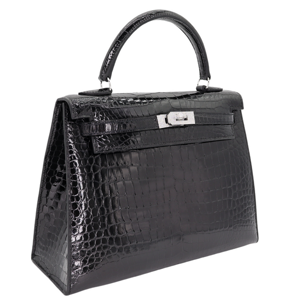 Hermès 25cm Kelly Sellier Black Shiny Porosus Crocodile Diamond Hardware