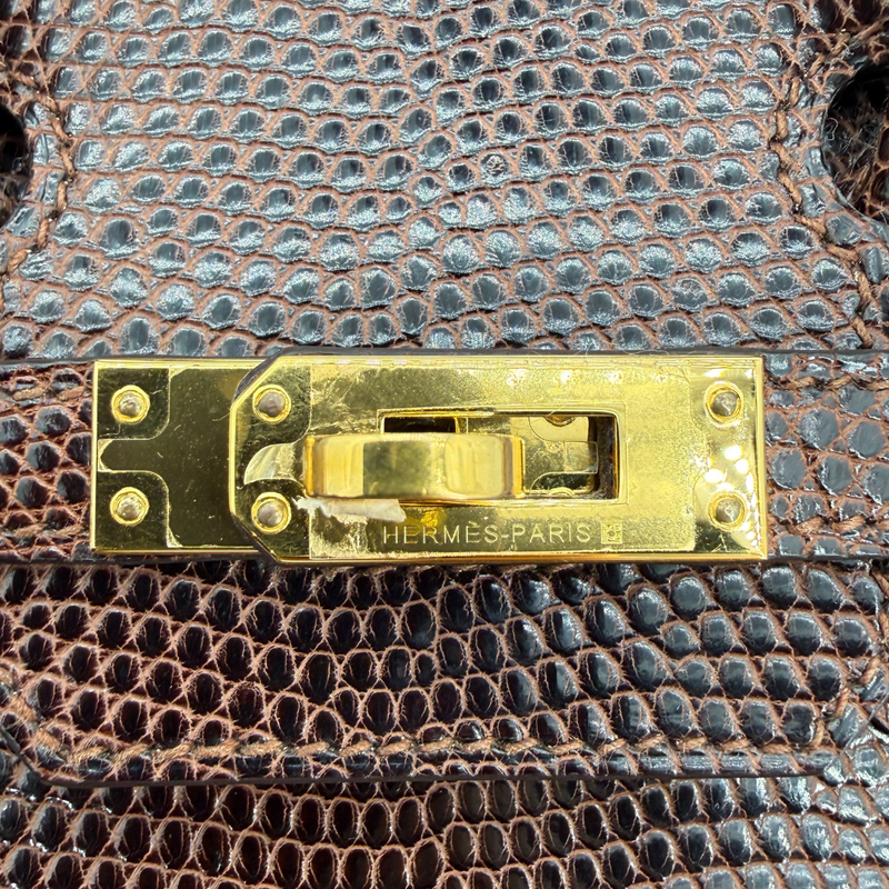 Hermès 25cm Birkin Ebene Shiny Lizard Gold Hardware