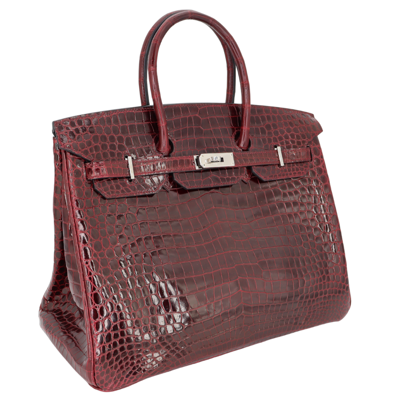 Hermès 35cm Birkin Bordeaux Shiny Porosus Crocodile Palladium Hardware
