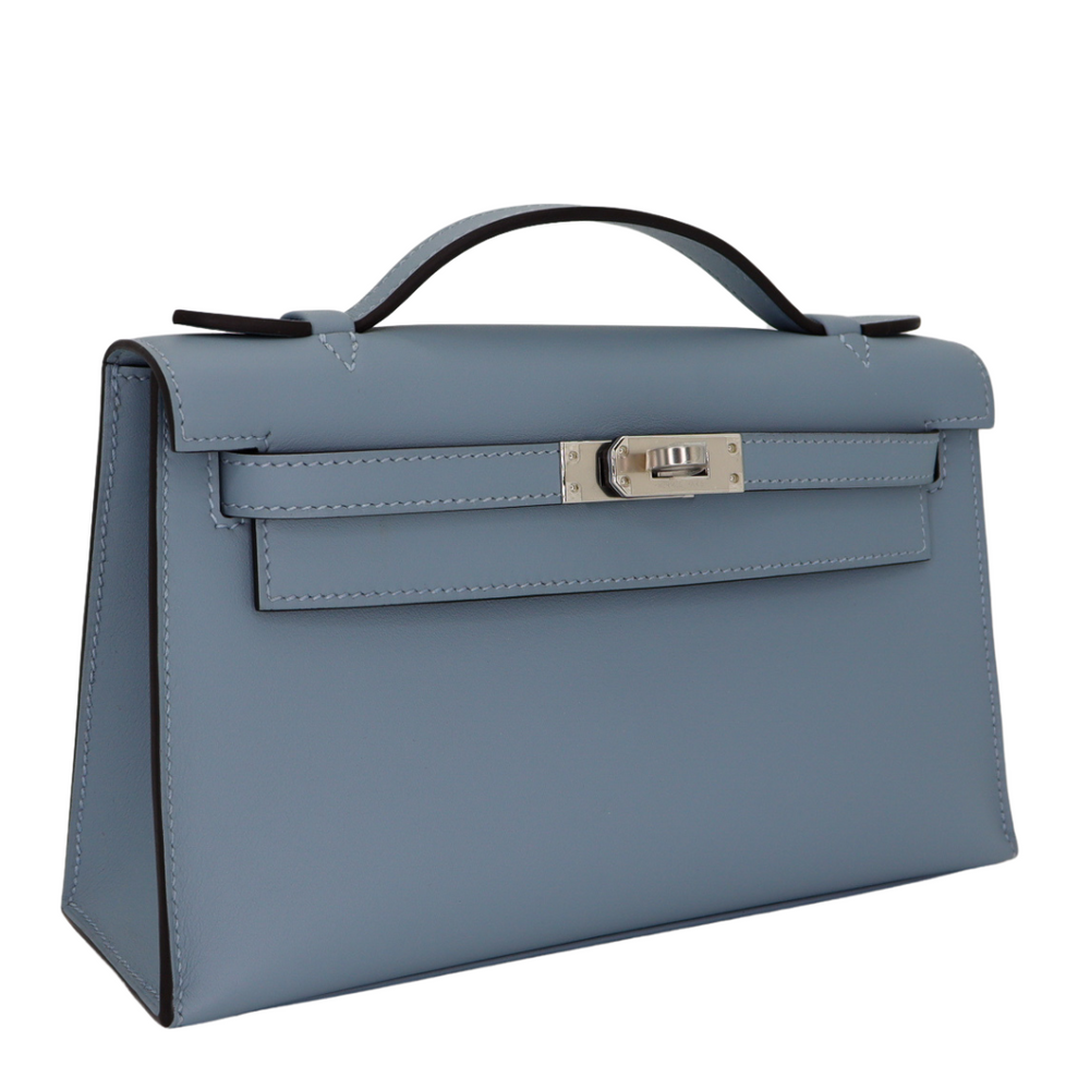 Hermès Kelly Pochette Bleu Lin Swift Leather Palladium Hardware