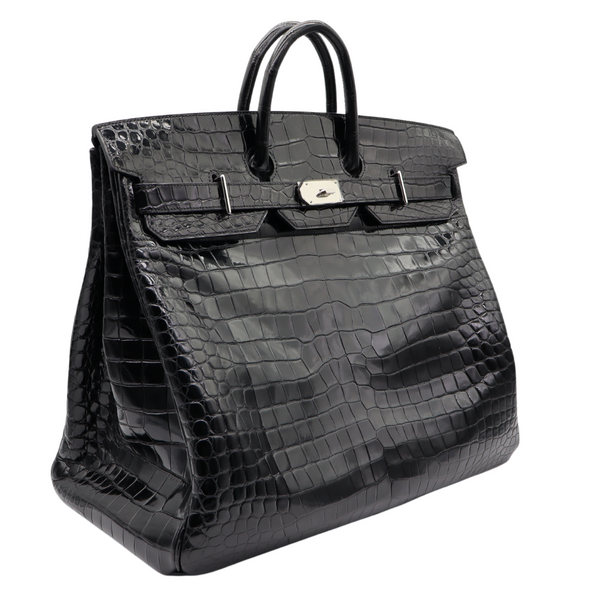 Hermès 50cm HAC Black Shiny Porosus Crocodile Palladium Hardware