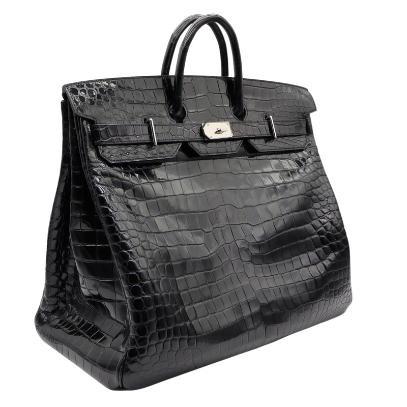Hermès 50cm HAC Black Shiny Porosus Crocodile Palladium Hardware Hermès 50cm HAC Black Shiny Porosus Crocodile Palladium Hardware