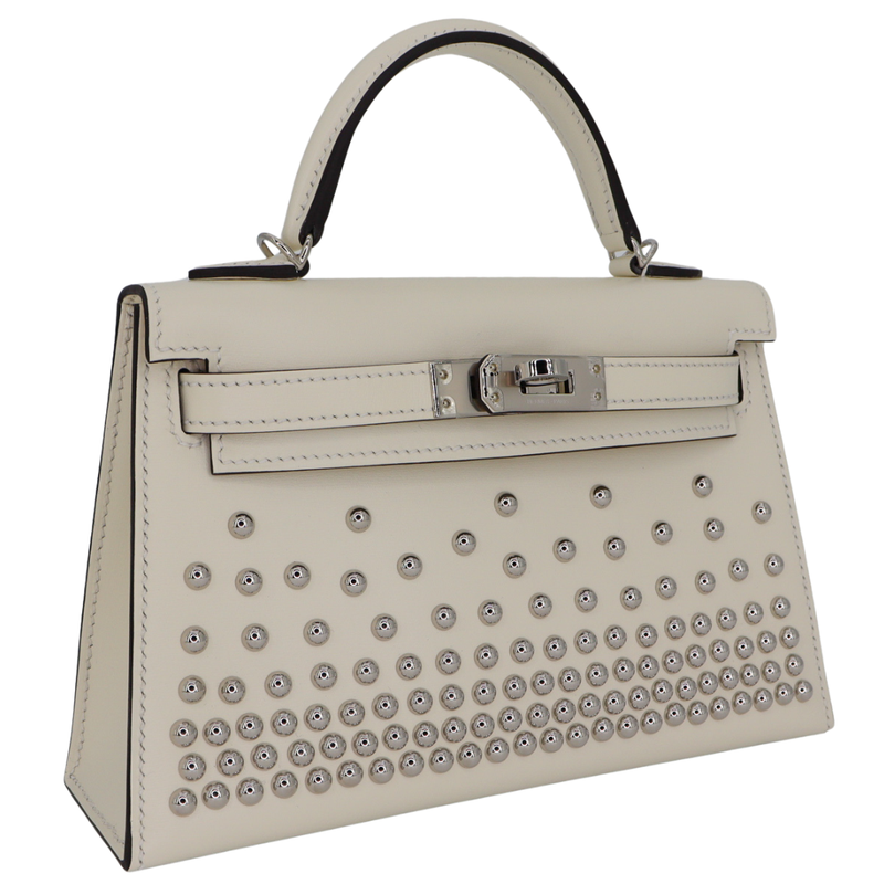 Hermès Kelly II Sellier Mini Cloute Nata Box Calf Studded Leather Palladium Hardware