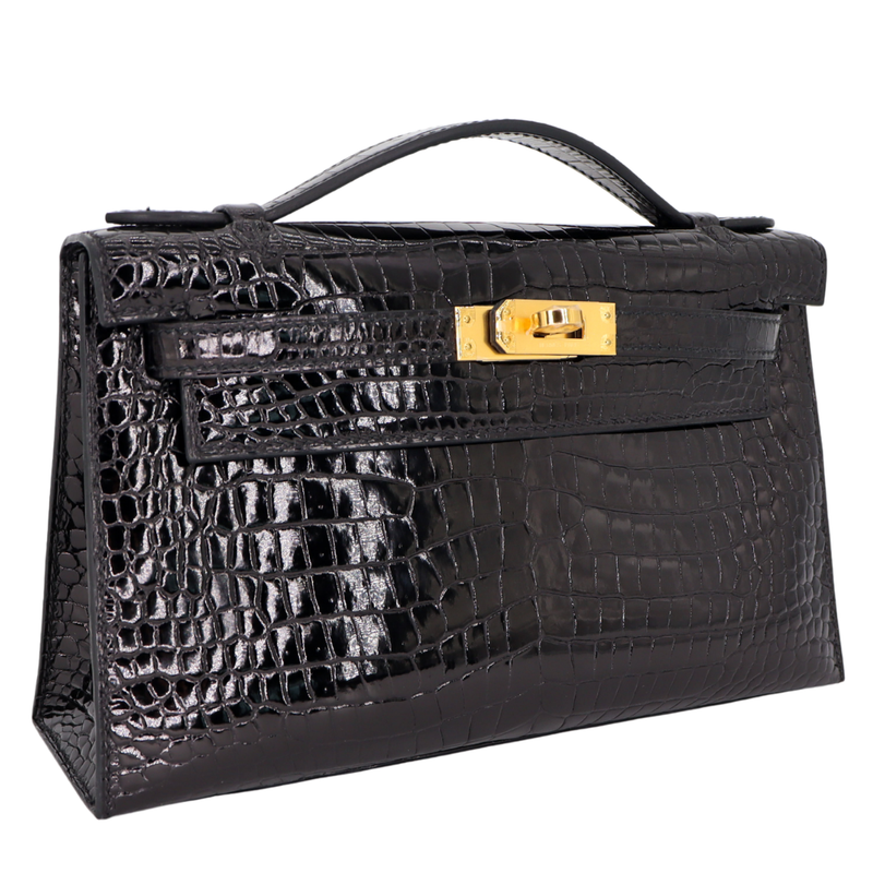 Hermès Kelly Pochette Black Shiny Porosus Crocodile Gold Hardware